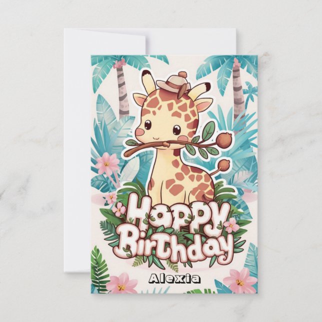 Tarjeta Cumpleaños de la jirafa de Safari Editable (Anverso)