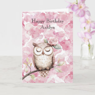 Tarjeta Cumpleaños de la lechuza floral rosa encantada