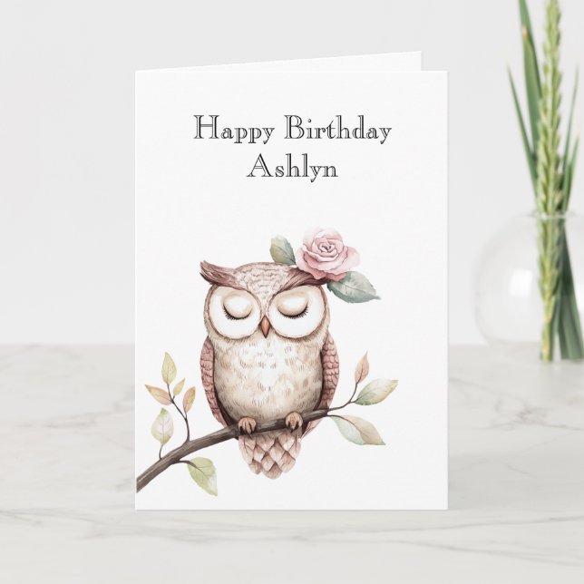 Tarjeta Cumpleaños de la lechuza rosa encantada (Anverso)
