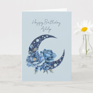 Tarjeta Cumpleaños de la Luna Floral Azul
