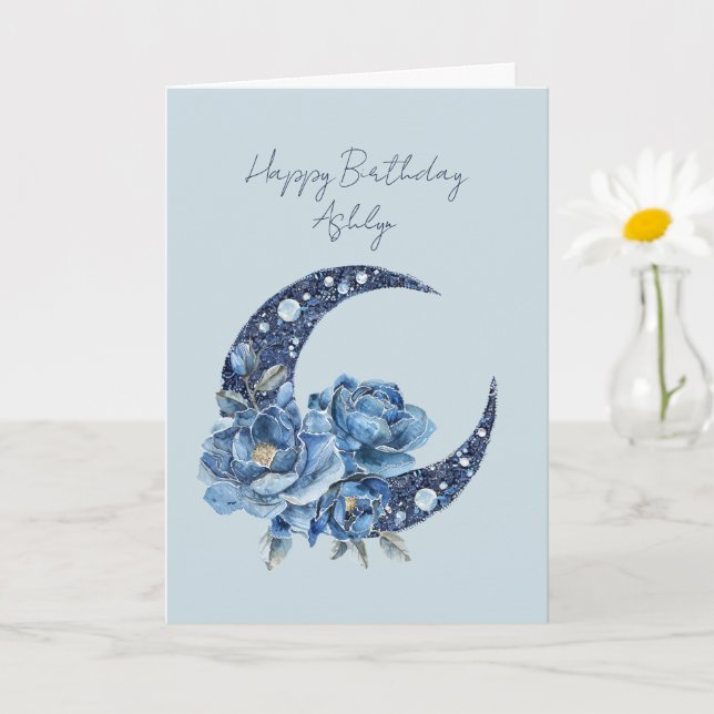 Tarjeta Cumpleaños de la Luna Floral Azul (Planta pequeña)