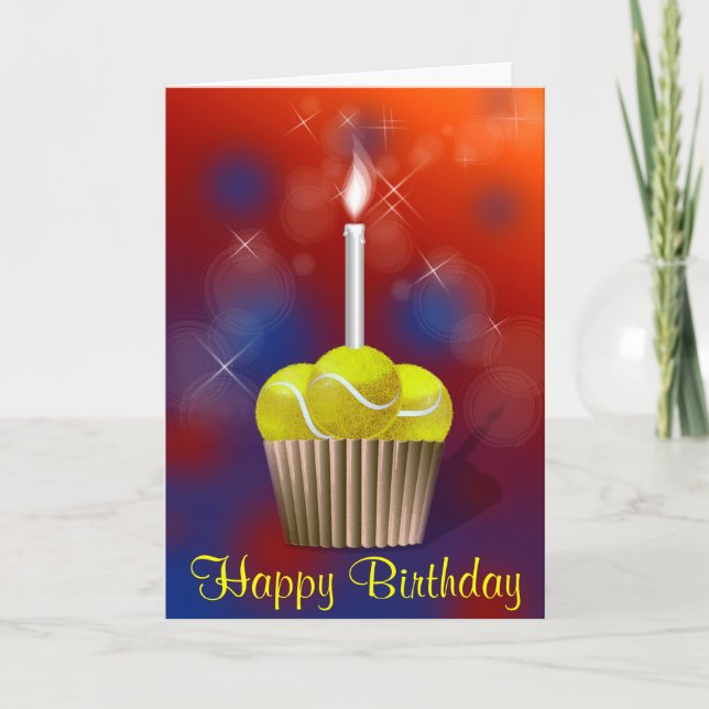 Tarjeta Cumpleaños de la magdalena del tenis feliz (Anverso)
