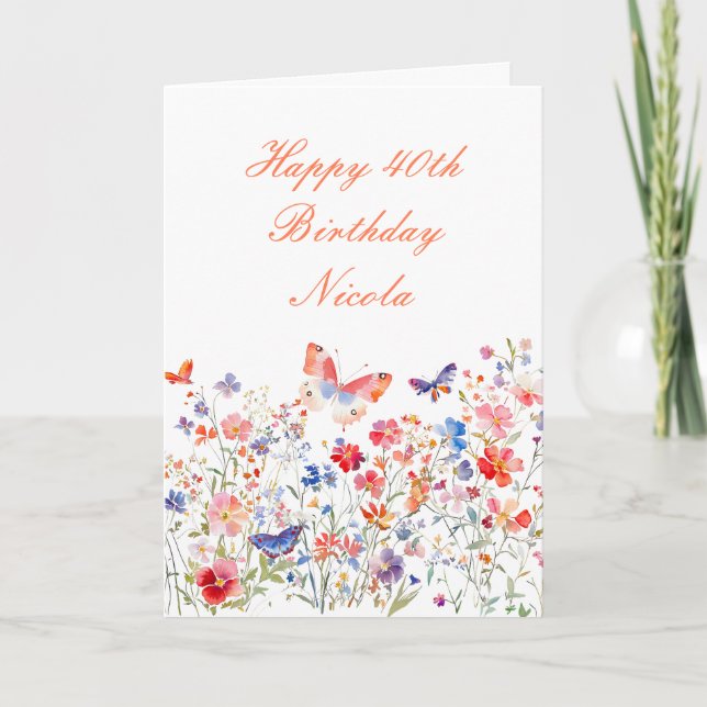 Tarjeta Cumpleaños de la mariposa de verano floral (Anverso)