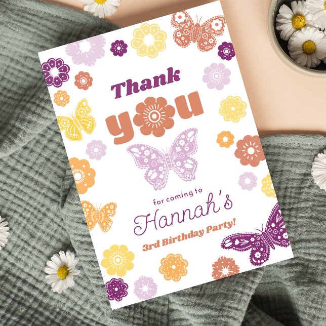 Tarjeta Cumpleaños de la mariposa retro con mensaje Gracia (Retro Butterfly Thank You Notes for Girls Birthday)