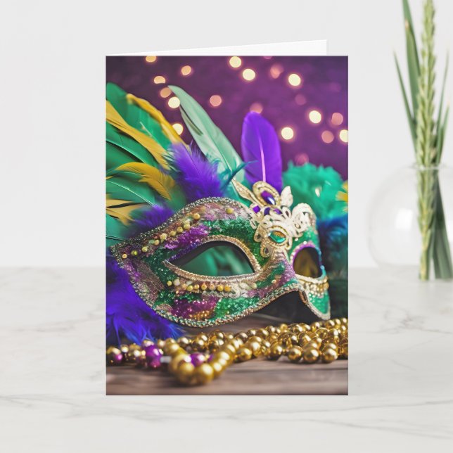 Tarjeta Cumpleaños de la máscara Sequin Mardi Gras (Anverso)