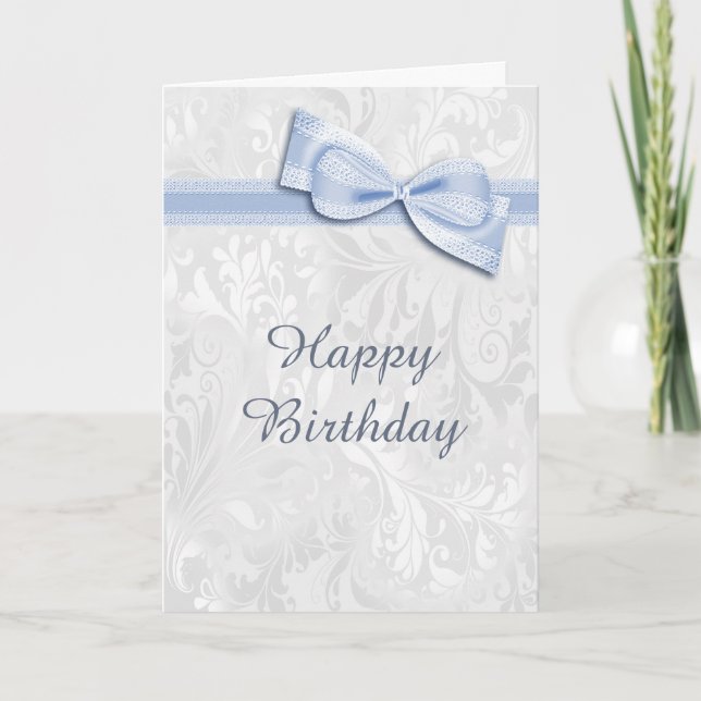 Tarjeta Cumpleaños de la mujer de White Damask y Blue Faux (Anverso)