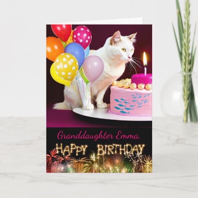 Tarjeta Cumpleaños de la nieta con gato blanco y pastel (Anverso)