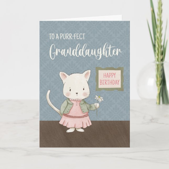 Tarjeta Cumpleaños de la nieta gatito con vestido (Anverso)