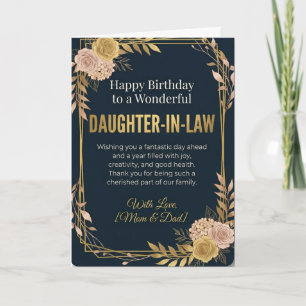Tarjeta Cumpleaños de la nuera elegante con flores de oro