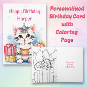 Tarjeta Cumpleaños de la página de color del gato con past