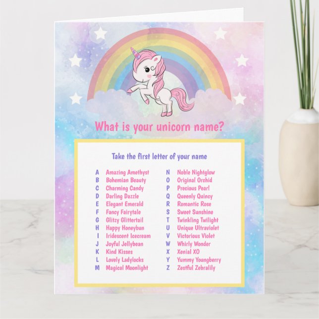 Tarjeta Cumpleaños de la partida de nombres de unicornio (Anverso)