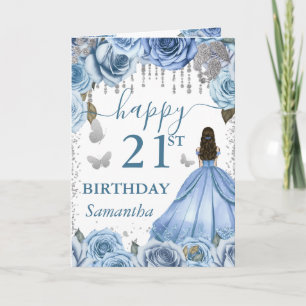 Tarjeta Cumpleaños de la Princesa Morena con Vestido Azul 