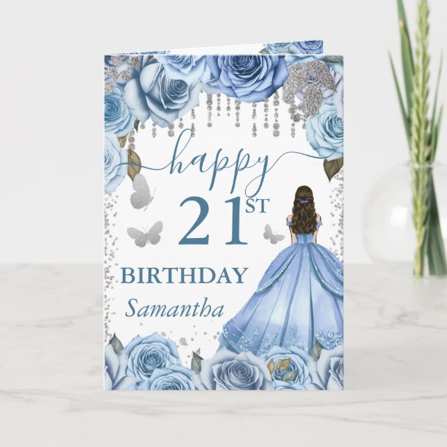 Tarjeta Cumpleaños de la Princesa Morena con Vestido Azul  (Anverso)