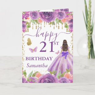 Tarjeta Cumpleaños de la Princesa Morena con Vestido Púrpu