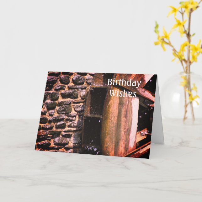 Tarjeta Cumpleaños de la rueda de agua de madera (flor amarilla)