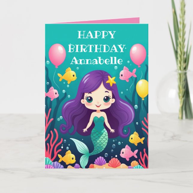 Tarjeta Cumpleaños de la sirena de pelo púrpura (Anverso)
