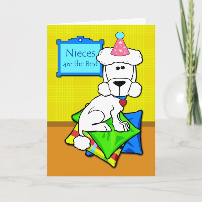 Tarjeta Cumpleaños de la sobrina, caniche blanco sobre las (Anverso)