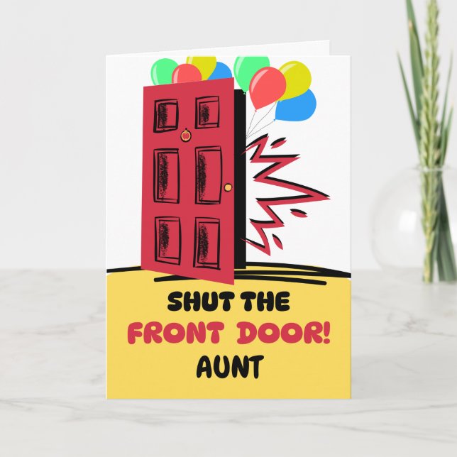 Tarjeta Cumpleaños de la tía cierra la puerta principal (Anverso)