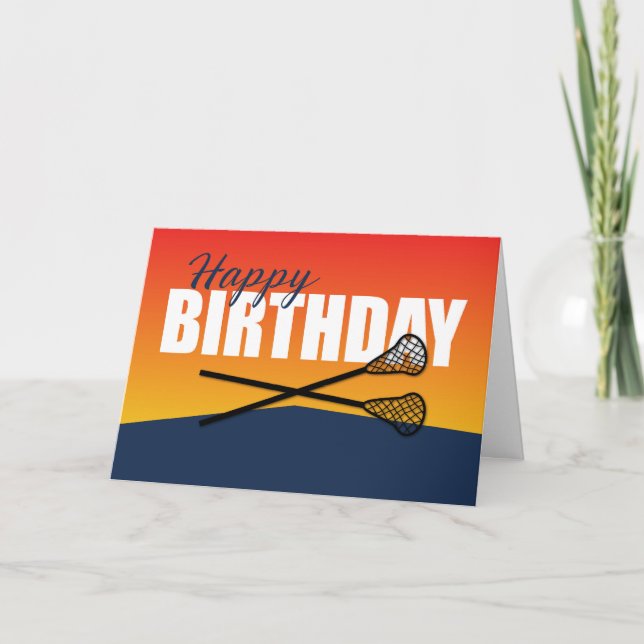 Tarjeta Cumpleaños de Lacrosse en atleta azul y Naranja (Anverso)