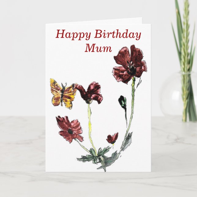 Tarjeta Cumpleaños de las flores de amapola de mariposa (Anverso)