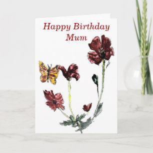 Tarjeta Cumpleaños de las flores de amapola de mariposa