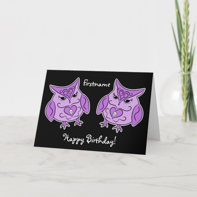 Tarjeta Cumpleaños de las lechuzas moradas (Anverso)