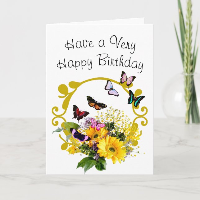 Tarjeta Cumpleaños de las Mariposas con Flores de Marco Do (Anverso)
