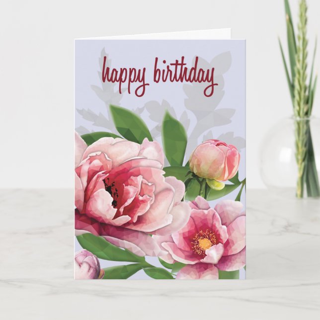 Tarjeta Cumpleaños de las Peonies de LowPoly (Anverso)