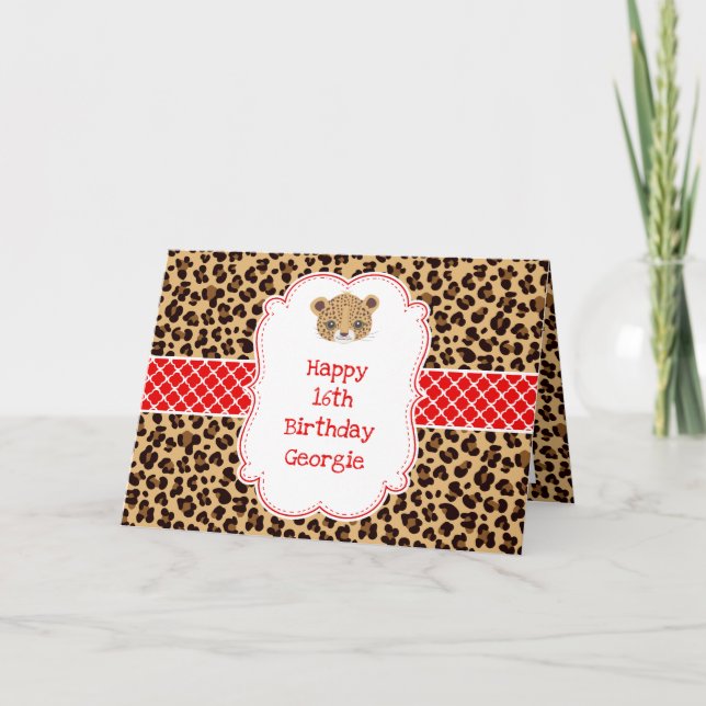 Tarjeta Cumpleaños de Leopard Print Red Quatrefoil (Anverso)