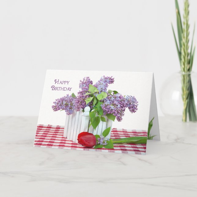 Tarjeta cumpleaños de Lilacs y tulipán (Anverso)