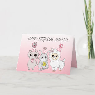 Tarjeta Cumpleaños de Llama Caprichosa, Gatita y Niña Rató