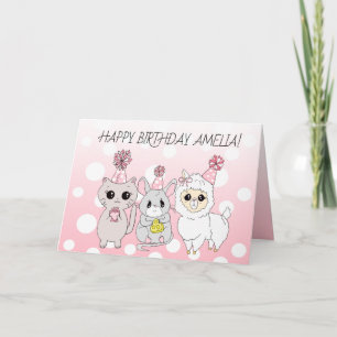 Tarjeta Cumpleaños de Llama Caprichosa, Gatita y Niña Rató