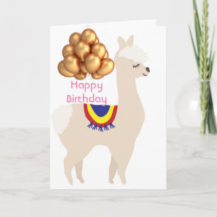 Tarjeta cumpleaños de Llama, globos de cumpleaños