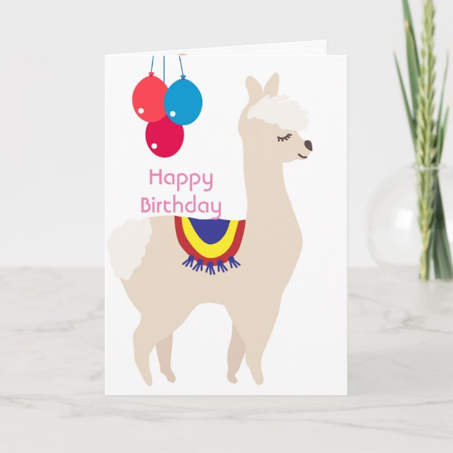 Tarjeta cumpleaños de Llama, globos de cumpleaños (Anverso)