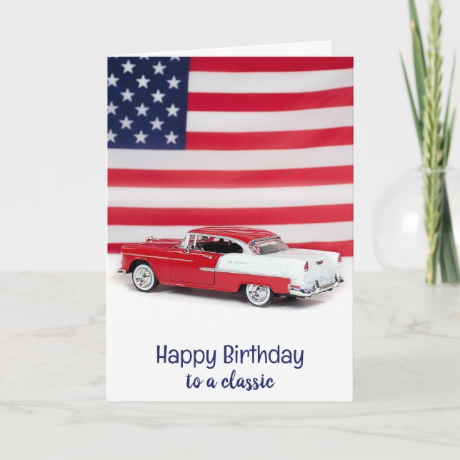 Tarjeta Cumpleaños de los autos rojos y blancos de 1955 (Anverso)