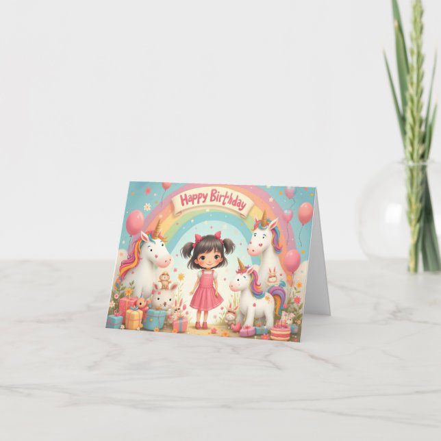 Tarjeta Cumpleaños de los chicas con Unicornios y Arcoiris (Anverso)