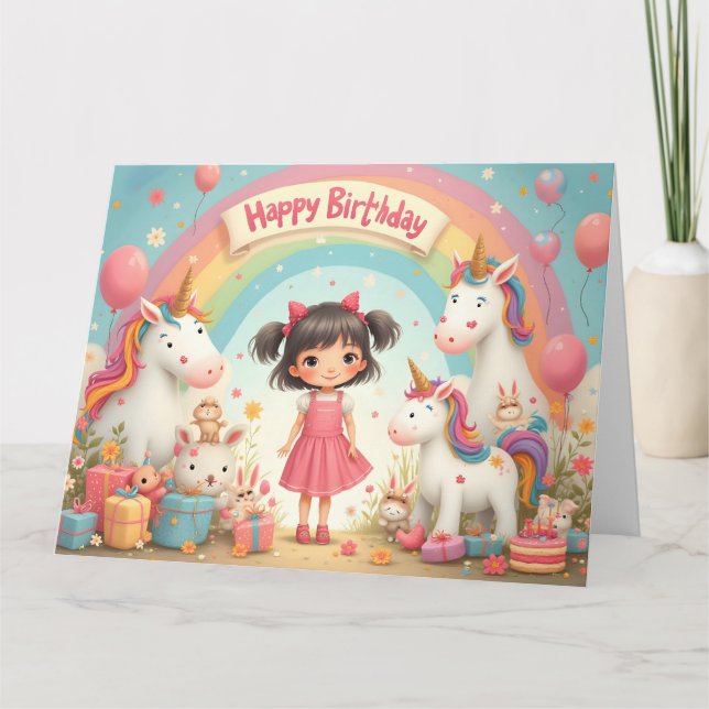 Tarjeta Cumpleaños de los chicas con Unicornios y Arcoiris (Anverso)