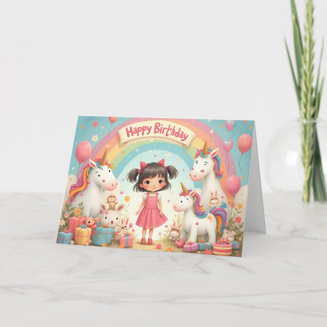 Tarjeta Cumpleaños de los chicas con Unicornios y Arcoiris (Anverso)