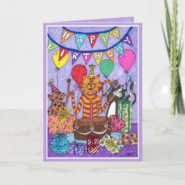 Tarjeta Cumpleaños de los gatos coloridos (Anverso)