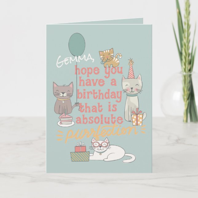 Tarjeta Cumpleaños de los gatos fiestas de la Cuta Purr-fe (Anverso)