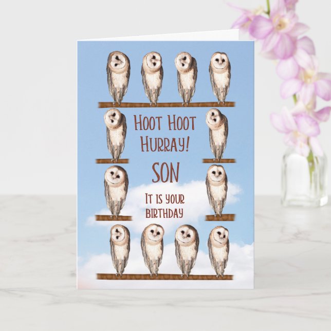 Tarjeta Cumpleaños de los hijos, búhos curiosos (Orquídea)