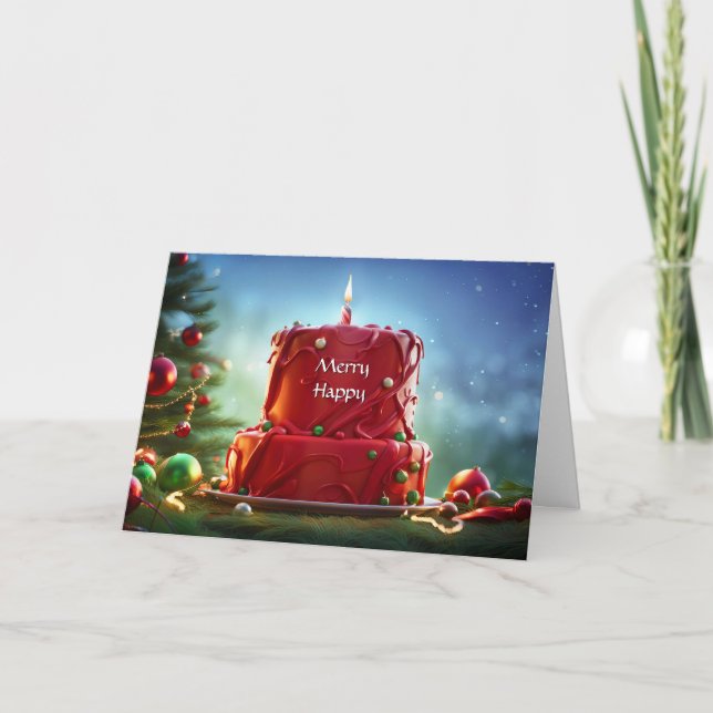 Tarjeta Cumpleaños de los navidades con Pastel Rojo y Vela (Anverso)