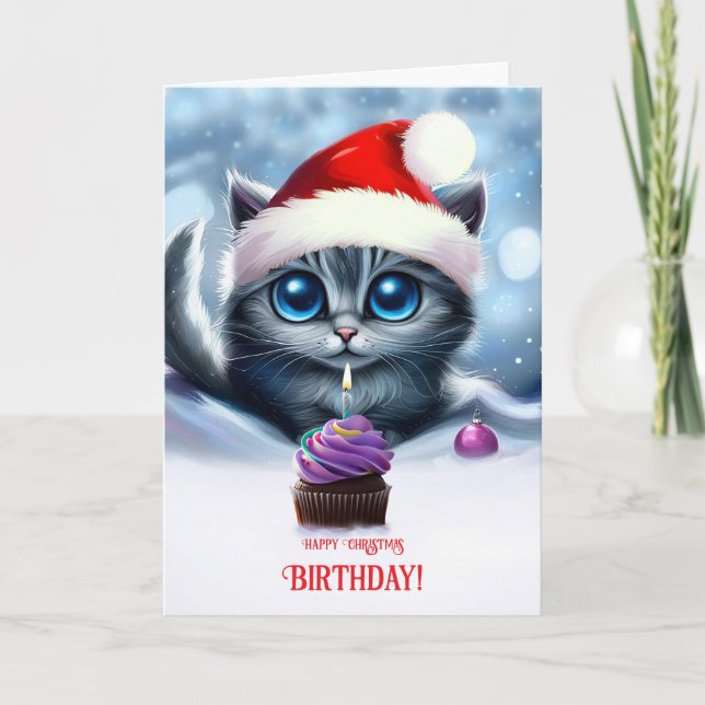 Tarjeta Cumpleaños de los Navidades Día de Gatito con Past (Anverso)