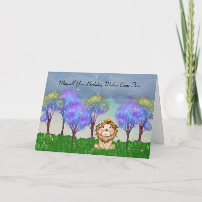 Tarjeta Cumpleaños de los niños con un Lyon y árboles mági (Anverso)