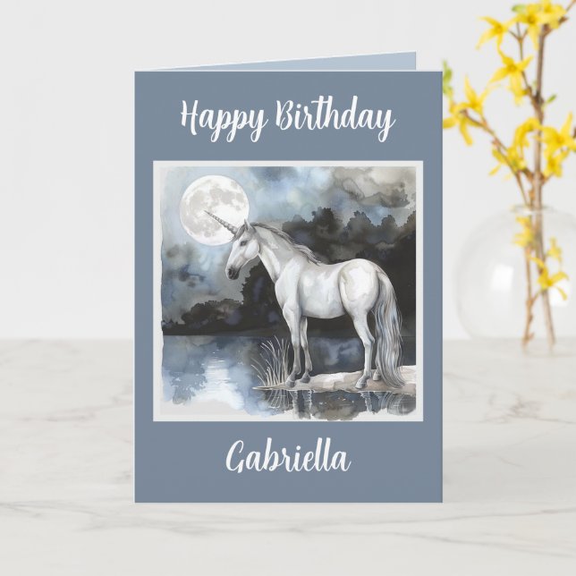 Tarjeta Cumpleaños de Luna Llena de Unicornio (flor amarilla)