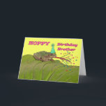Tarjeta Cumpleaños de lúpulo Brother, fiesta de cumpleaños<br><div class="desc">Tarjeta de cumpleaños brillante y colorida para un hermano. La tarjeta tiene un tema de la naturaleza de una rana en una hoja grande del Hosta. Los elementos de Digitaces añadidos a la escena festiva incluyen un gorra del fiesta, y cuerno del favor de fiesta con las flámulas del tiroteo...</div>