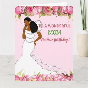 Tarjeta Cumpleaños de mamá afroamericana con rosas rosadas