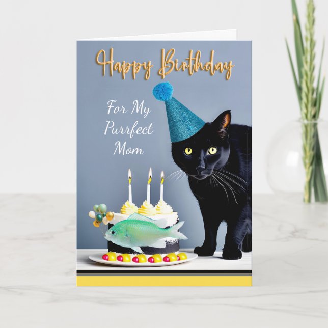 Tarjeta Cumpleaños de mamá con gato negro y pastel (Anverso)