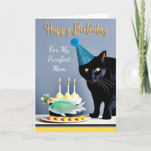 Tarjeta Cumpleaños de mamá con gato negro y pastel