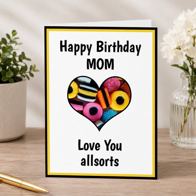 Tarjeta Cumpleaños de Mamá con Licorice Allsorts Retro (Add name or alternative to 'mom' to personalize, & edit the  message inside card. )